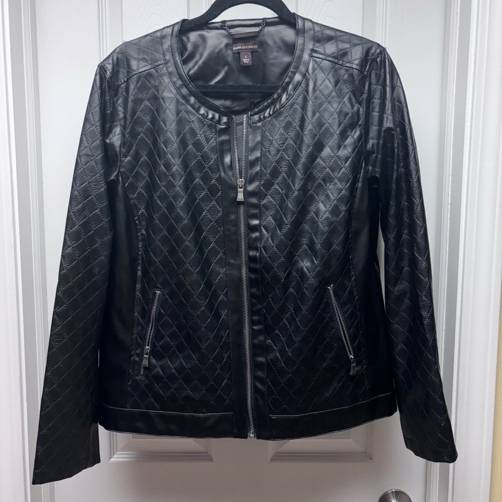 Dana Buchman Black Faux Leather Quilted Jacket Zip Front Size L